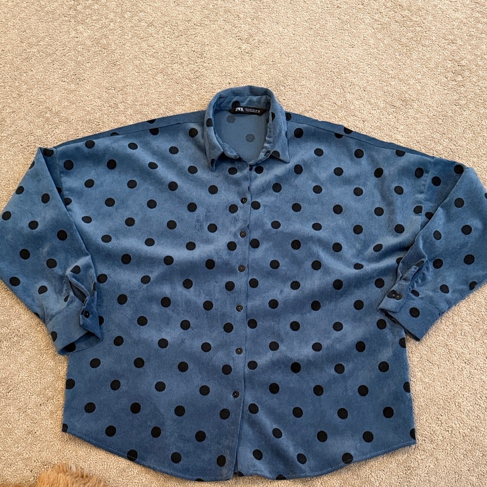 Zara Blue Button Down Shirt with Black Polka Dots